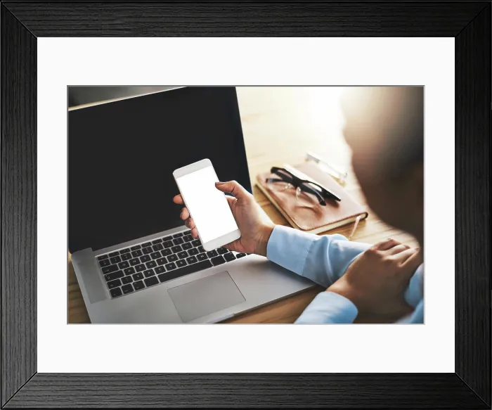 Framed Print : Screen, laptop and hands of person with phone for mockup Framed Print : Screen, laptop and hands of person with phone for mockup