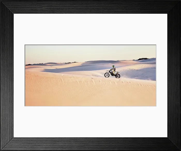 Framed Print : Desert, nature and athlete riding a motorcycle for exercise Framed Print : Desert, nature and athlete riding a motorcycle for exercise