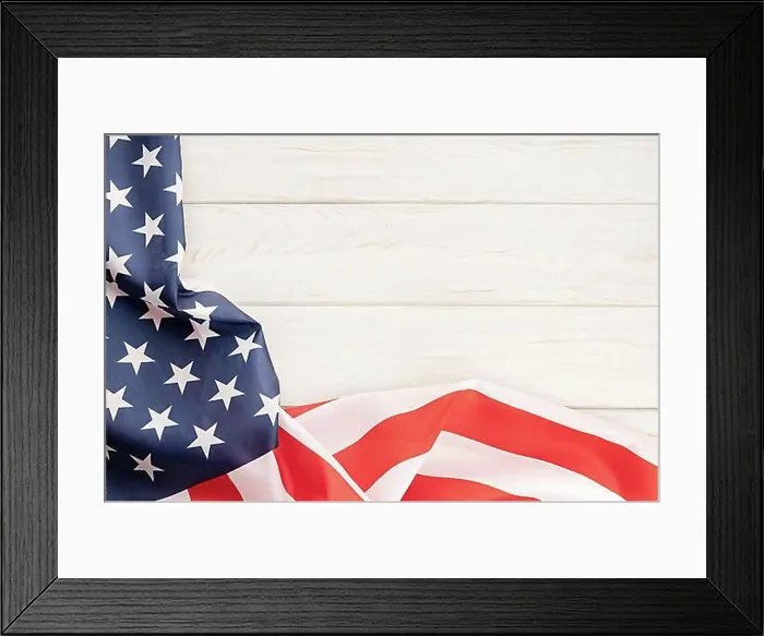 Framed Print : American flag on white rustic wooden table with copy space. Top view Framed Print : American flag on white rustic wooden table with copy space. Top view