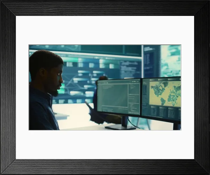 Framed Print : Governmental hackers analyzing data for cyber threat detection