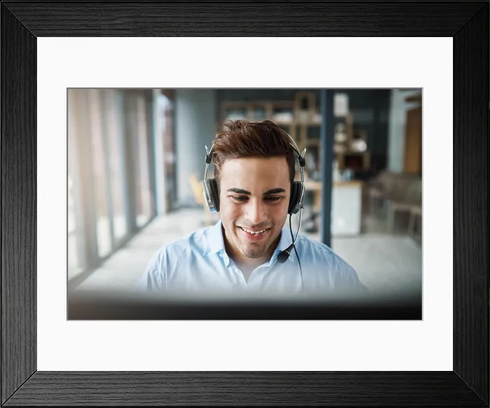 Framed Print : Happy businessman, call center and consulting with smile for customer service Framed Print : Happy businessman, call center and consulting with smile for customer service
