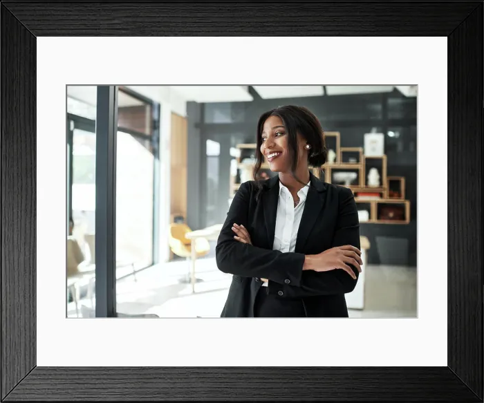 Framed Print : Arms crossed, business and black woman in office with thinking for career opportunity and corporate growth Framed Print : Arms crossed, business and black woman in office with thinking for career opportunity and corporate growth