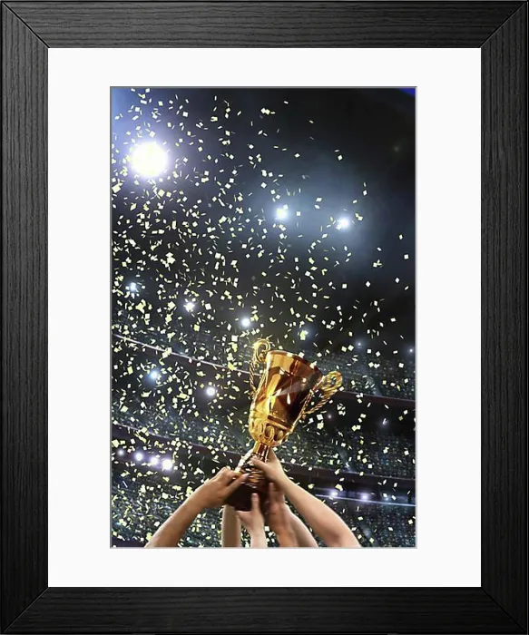 Framed Print : Trophy, football stadium, cheering, arms, confetti, stands