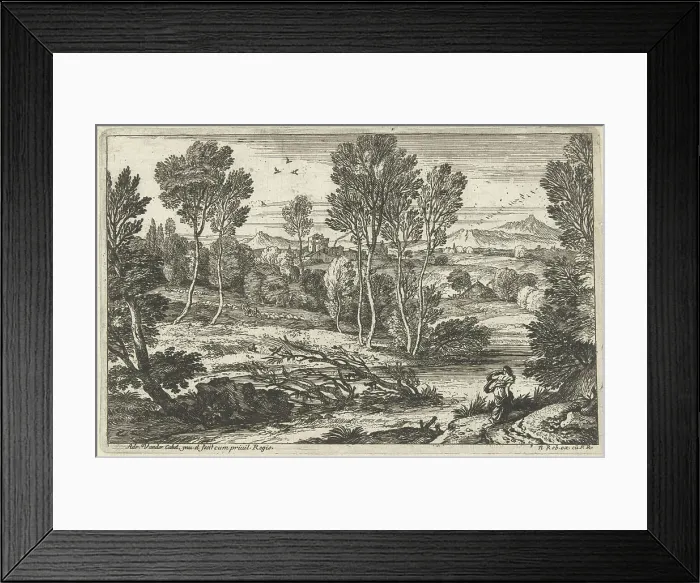 Framed Print : Landscape with woman walking along river Framed Print : Landscape with woman walking along river