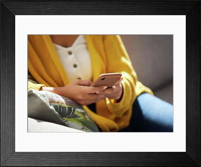 Framed Print : Hands, student and typing with phone at house of social media Framed Print : Hands, student and typing with phone at house of social media