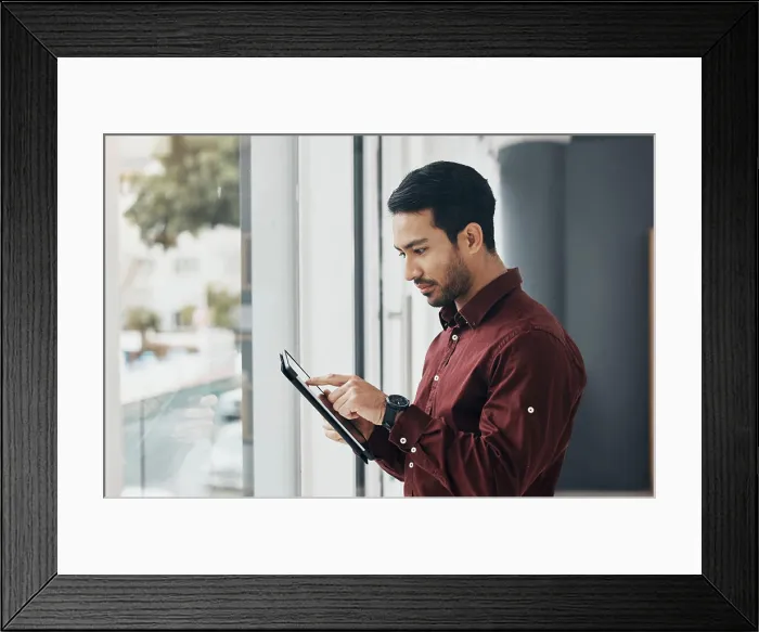 Framed Print : Business man focus, tablet and office for reading