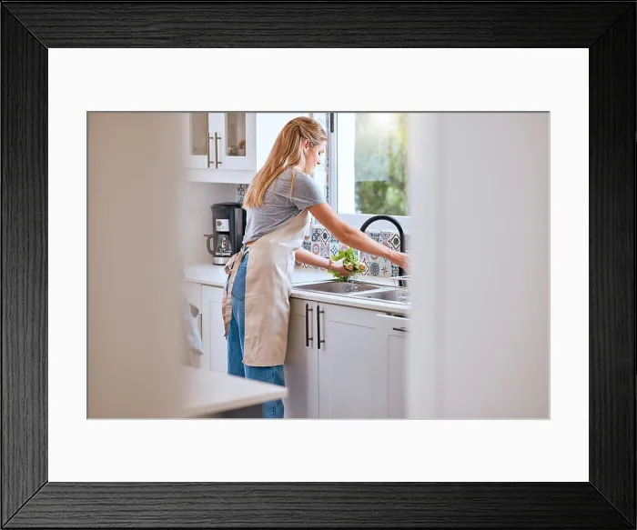 Framed Print : Woman, cooking and cleaning food or vegetable with water under kitchen tap for healthcare Framed Print : Woman, cooking and cleaning food or vegetable with water under kitchen tap for healthcare