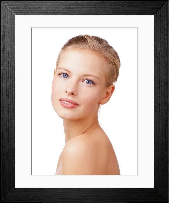 Framed Print : Portrait, aesthetic and beauty with natural woman in studio isolated on white background for wellness
