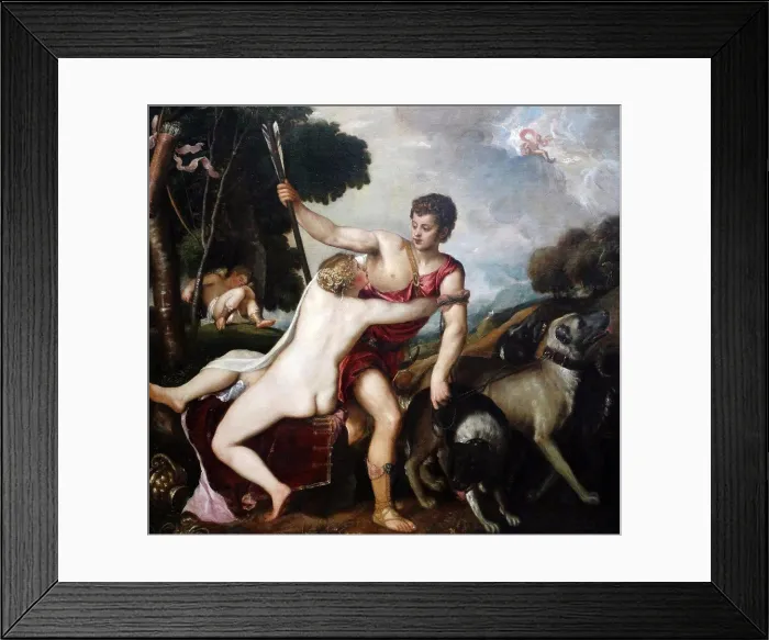Framed Print : Painting titled Venus and Adonis by Titian, an Italian painter and member of the Venetian School. Dated 16th Century Framed Print : Painting titled Venus and Adonis by Titian, an Italian painter and member of the Venetian School. Dated 16th Century