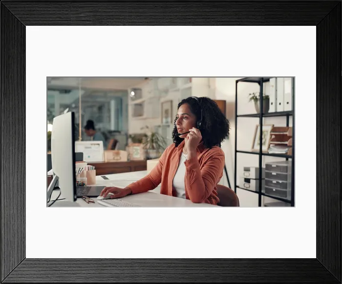 Framed Print : Call center consultant, computer and woman at help desk for technical support Framed Print : Call center consultant, computer and woman at help desk for technical support