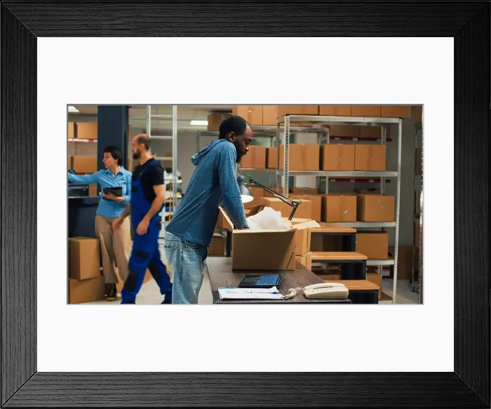 Framed Print : African american owner taking products from storage racks
