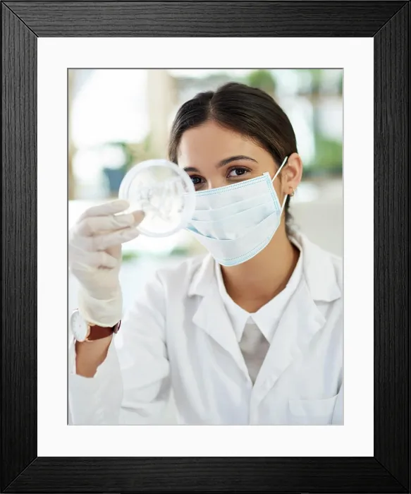 Framed Print : Scientist, petri dish and research with sample in lab from testing Framed Print : Scientist, petri dish and research with sample in lab from testing