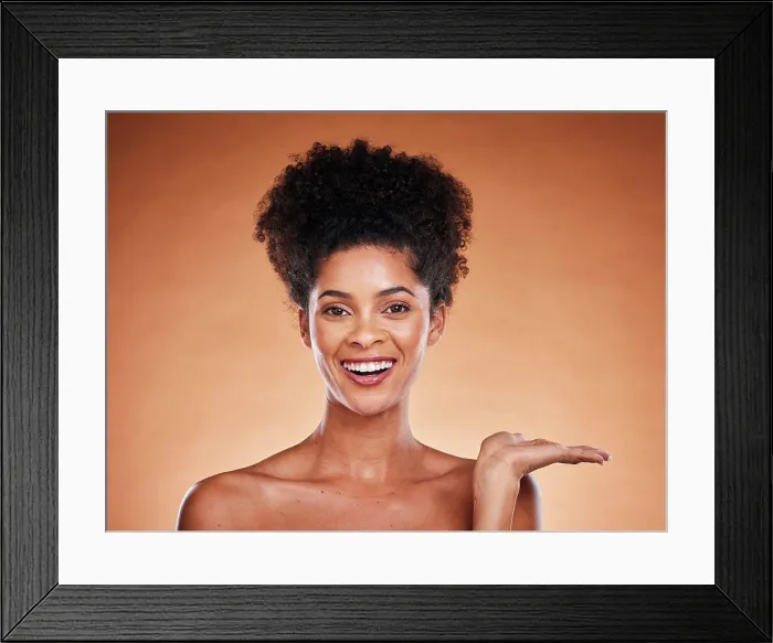 Framed Print : Black woman, skincare and advertising mockup in studio portrait with glow Framed Print : Black woman, skincare and advertising mockup in studio portrait with glow