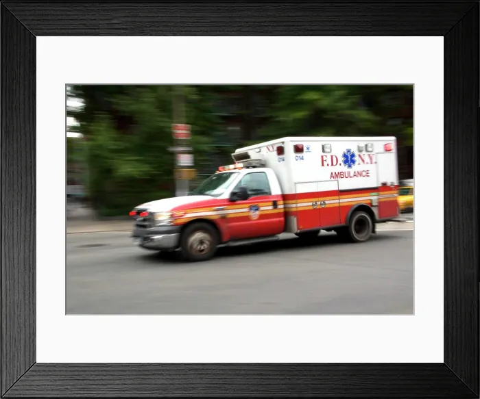 Framed Print : New York Fire Department ambulance in motion in Manhattan, New York City, New York, USA Framed Print : New York Fire Department ambulance in motion in Manhattan, New York City, New York, USA