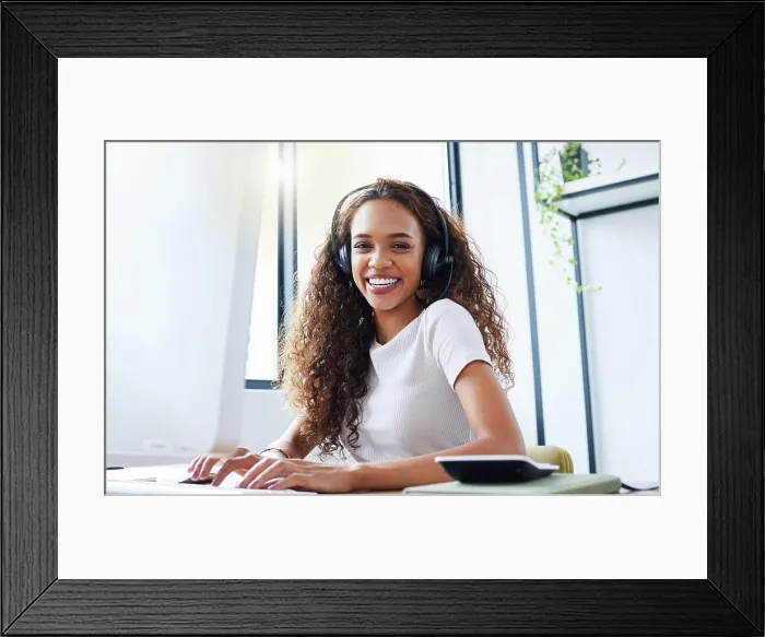 Framed Print : Call center, happy and portrait of woman in office for telemarketing