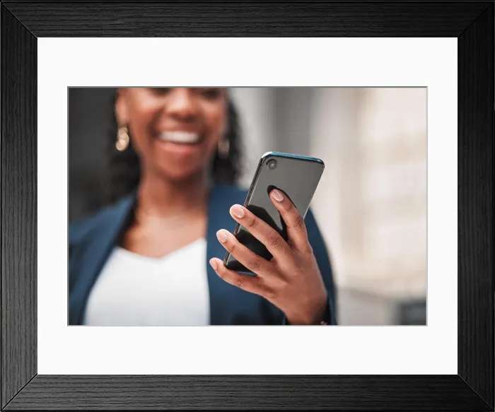 Framed Print : Smartphone in hand, woman scroll social media and chat online Framed Print : Smartphone in hand, woman scroll social media and chat online