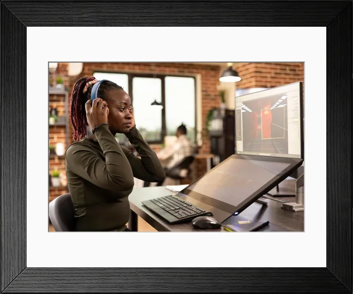 Framed Print : African American designer refining projects on digital monitors enhancing visuals in modern creative workspace Framed Print : African American designer refining projects on digital monitors enhancing visuals in modern creative workspace