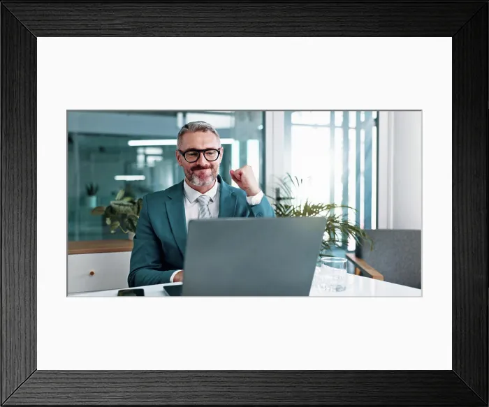 Framed Print : Office, businessman and celebrate with fist pump for laptop Framed Print : Office, businessman and celebrate with fist pump for laptop