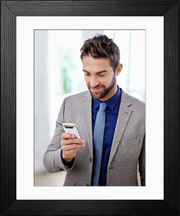 Framed Print : Business man, phone and typing an email in office Framed Print : Business man, phone and typing an email in office
