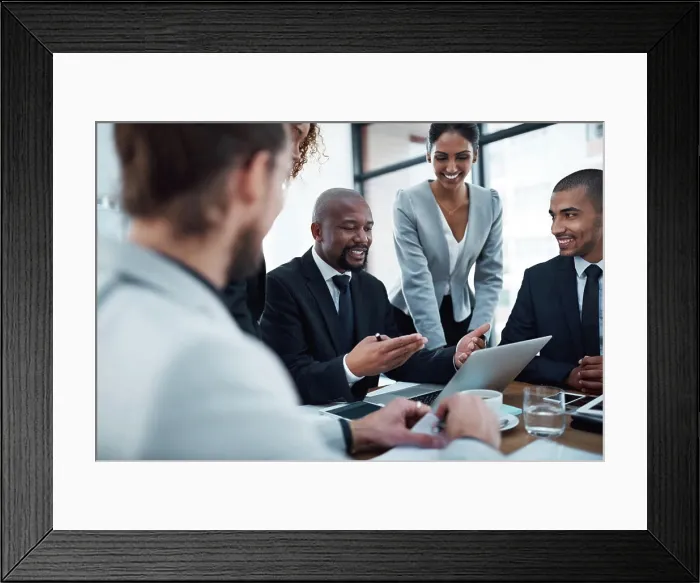 Framed Print : Business, meeting and men and women with laptop in office for planning Framed Print : Business, meeting and men and women with laptop in office for planning