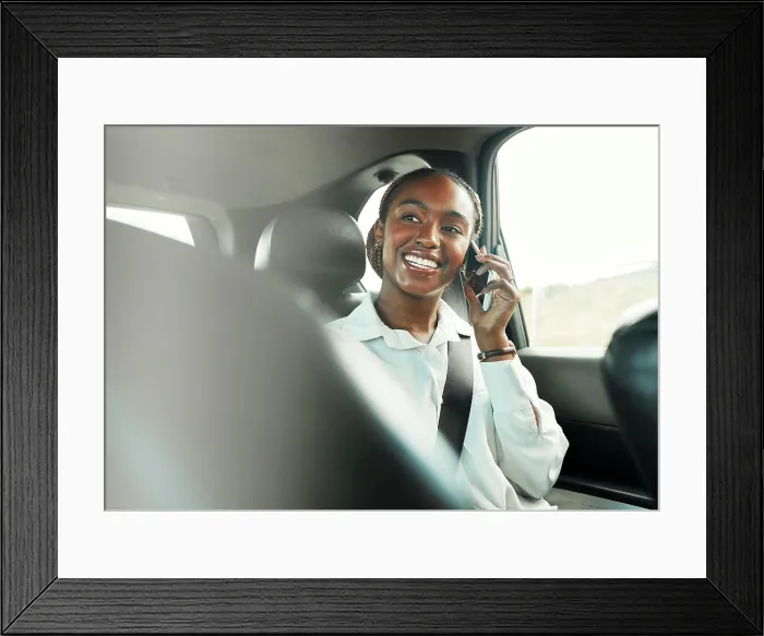 Framed Print : Phone call, smile and black woman in car to travel Framed Print : Phone call, smile and black woman in car to travel
