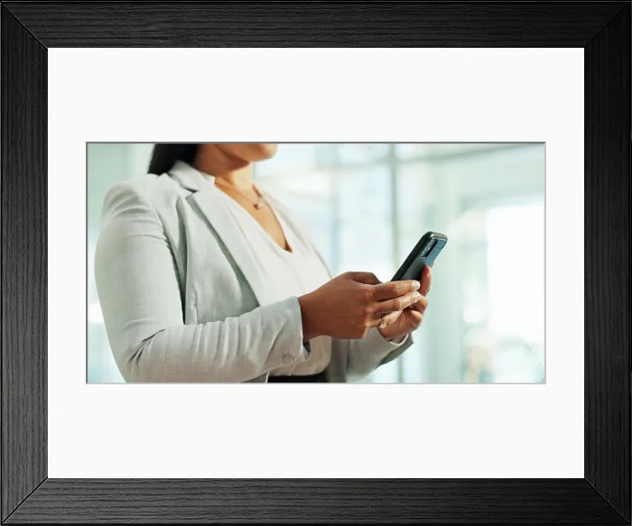 Framed Print : Hands, phone or businesswoman on social media for communication Framed Print : Hands, phone or businesswoman on social media for communication