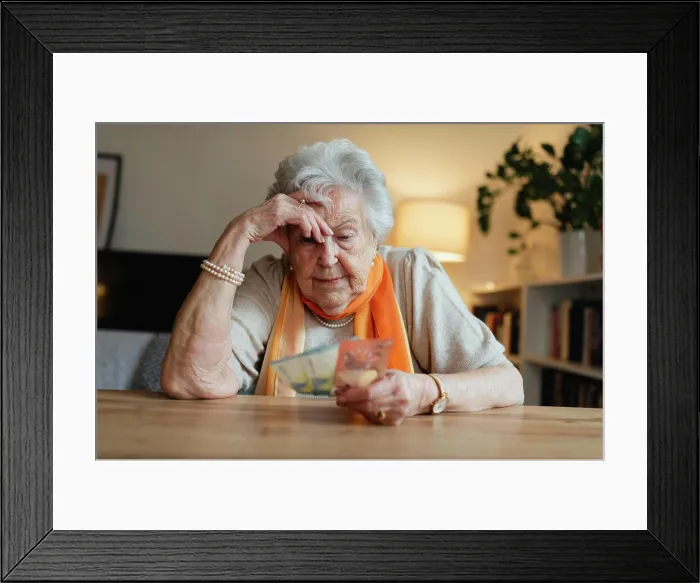 Framed Print : Elderly woman looking sadly at few banknotes in her hand Framed Print : Elderly woman looking sadly at few banknotes in her hand