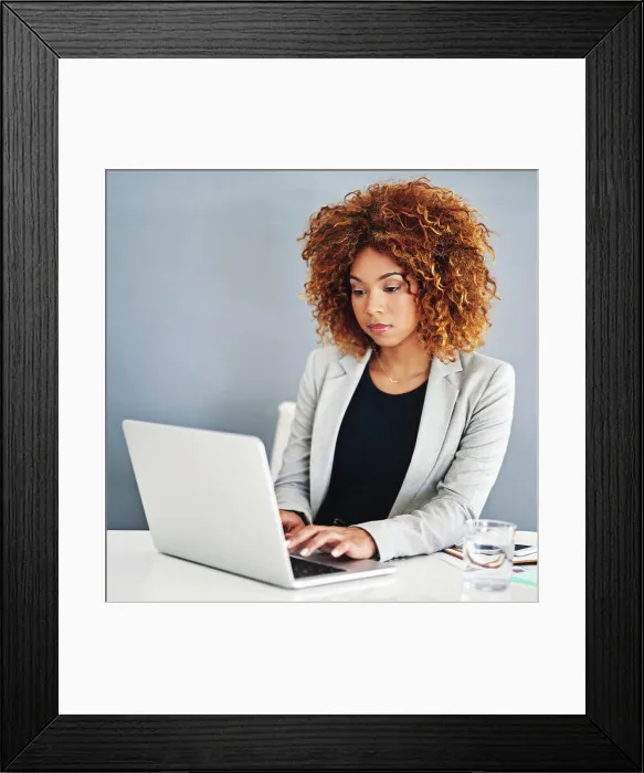 Framed Print : Business, thinking and black woman with laptop