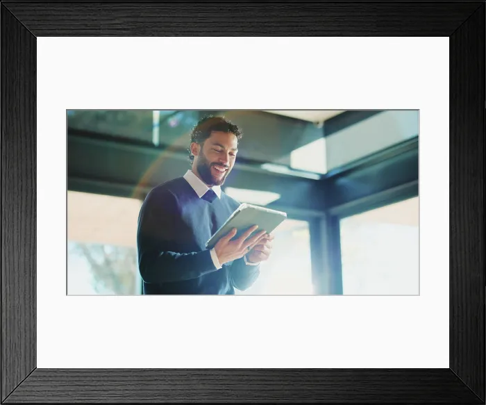 Framed Print : Man, realtor and tablet in office for smile Framed Print : Man, realtor and tablet in office for smile
