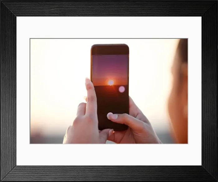 Framed Print : Sunset, phone and hands of woman Framed Print : Sunset, phone and hands of woman