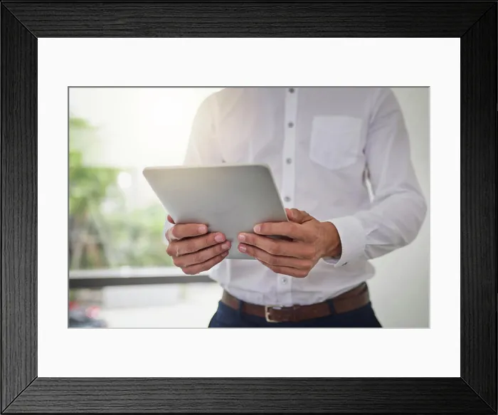 Framed Print : Office, hands and person with tablet for research