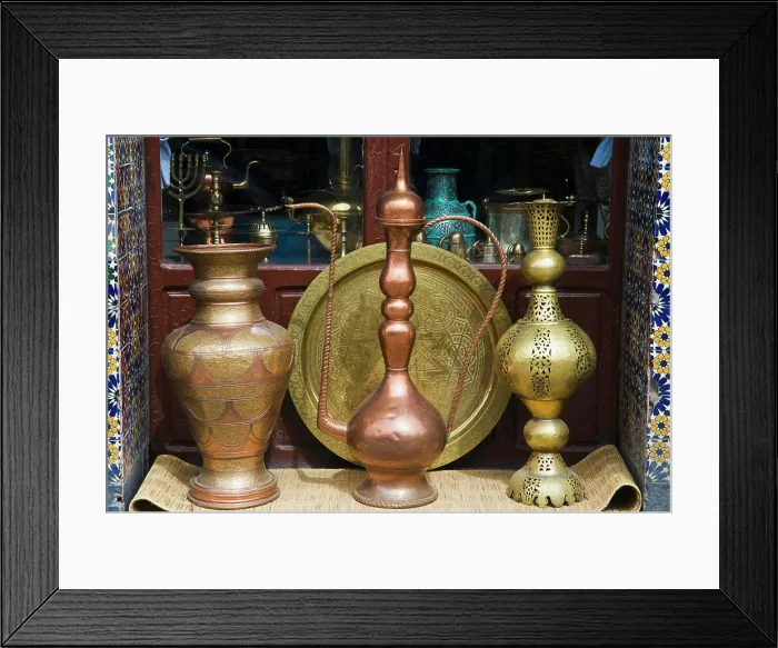 Framed Print : Brass vases for sale in the souk, Medina, Marrakech (Marrakesh), Morocco, North Africa, Africa