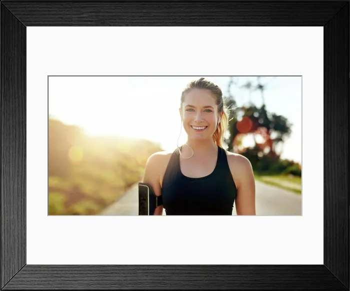 Framed Print : Fitness, portrait and happy woman with earphones outdoor on road at sunrise