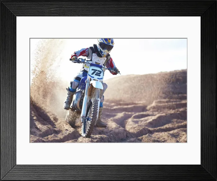 Framed Print : Competition, sand and motorbike for sports with action for challenge on course with power Framed Print : Competition, sand and motorbike for sports with action for challenge on course with power