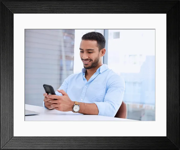 Framed Print : Smile, phone and search with business man in office for technology