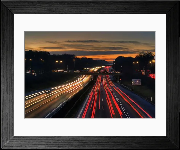 Framed Print : A96 motorway at dusk with light trails of moving cars, Munich, Bavaria, Germany, Europe Framed Print : A96 motorway at dusk with light trails of moving cars, Munich, Bavaria, Germany, Europe