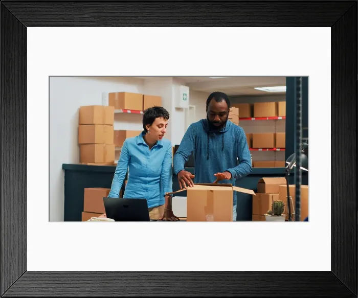 Framed Print : Team of owners doing highfive gesture after preparing storehouse order Framed Print : Team of owners doing highfive gesture after preparing storehouse order