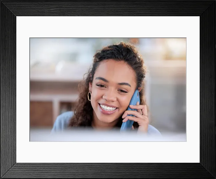 Framed Print : Black woman, phone call and typing on computer in office Framed Print : Black woman, phone call and typing on computer in office