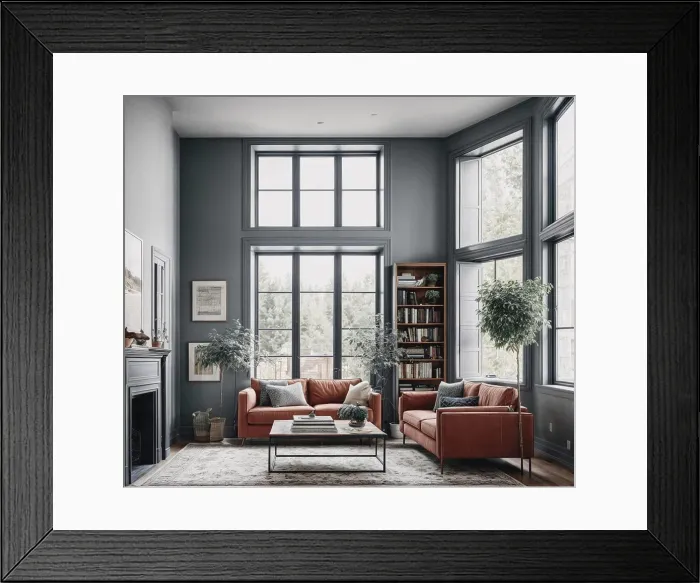 Framed Print : A living room with a fireplace and two couches Framed Print : A living room with a fireplace and two couches