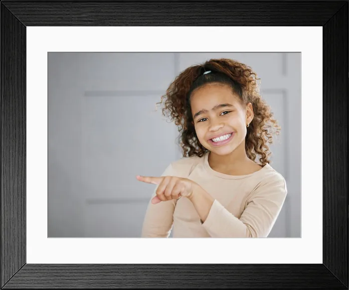 Framed Print : Portrait, girl and pointing with smile Framed Print : Portrait, girl and pointing with smile