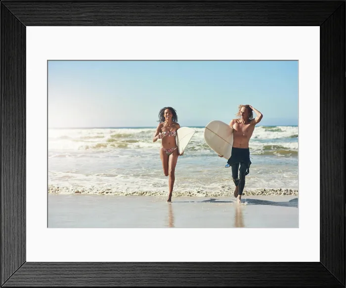 Framed Print : Running, body or happy couple with surfboard at beach for fun Framed Print : Running, body or happy couple with surfboard at beach for fun
