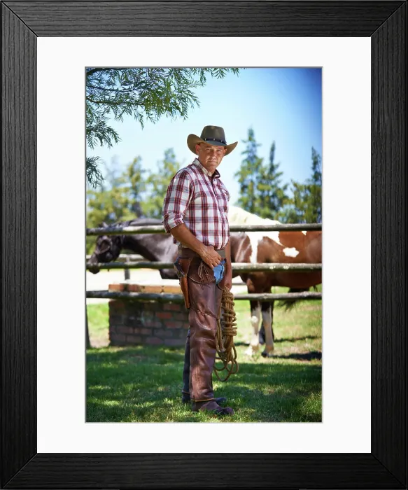 Framed Print : Portrait, cowboy and man at farm with rope in the rural countryside with horses in Texas Framed Print : Portrait, cowboy and man at farm with rope in the rural countryside with horses in Texas