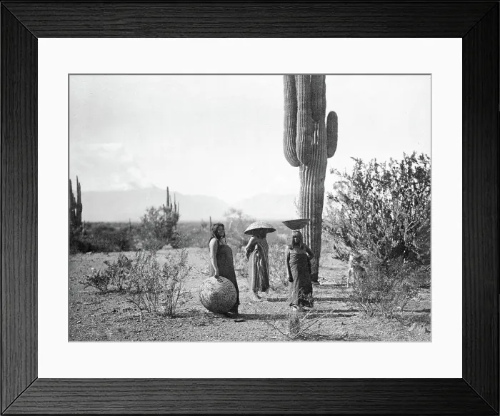 Framed Print : Three women, two of them with baskets on their heads, standing by cactus plant, Arizona