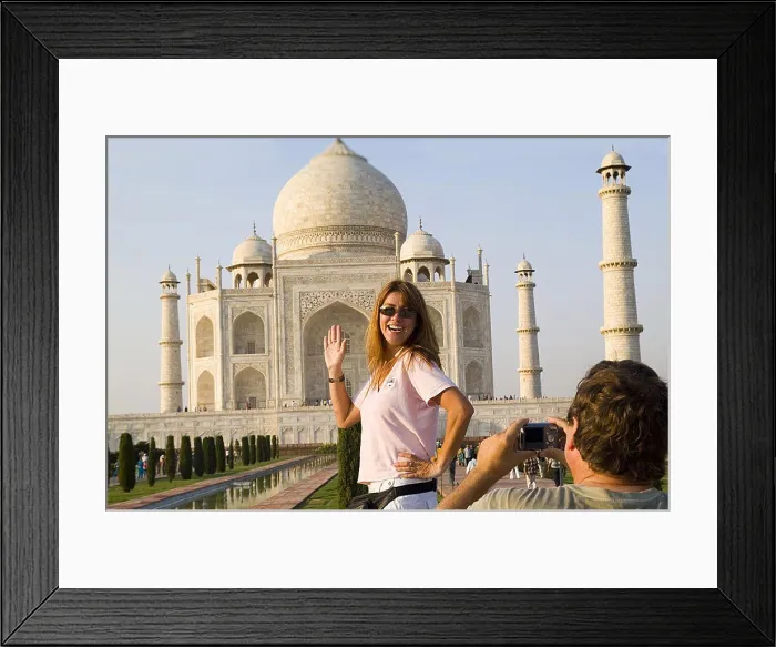 Framed Print : India, Agra, tourist man taking a photo of tourist woman in front of the Taj Mahal Framed Print : India, Agra, tourist man taking a photo of tourist woman in front of the Taj Mahal