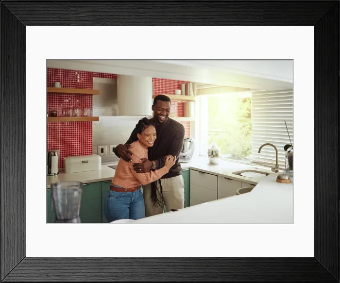Framed Print : Black couple, happy home and love while together with care and happiness in a marriage with commitment and care Framed Print : Black couple, happy home and love while together with care and happiness in a marriage with commitment and care