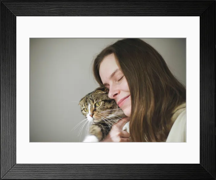 Framed Print : Young woman holding beautiful cat on white background
