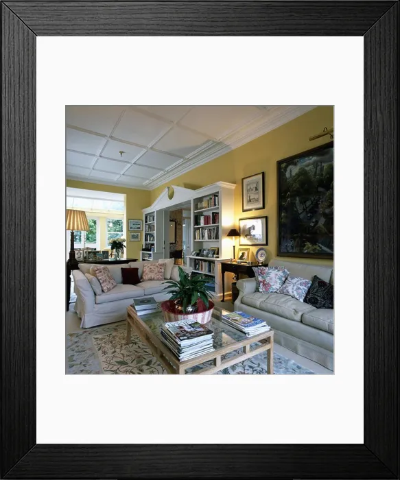 Framed Print : Beige sofas in yellow living room