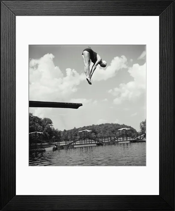 Framed Print : Photo by Josef Scaylea. Vintage Photograph. Diver jumping off board into water