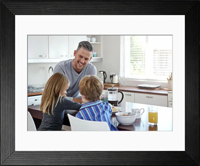 Framed Print : Kitchen counter, father and smile with kids for breakfast in home with conversation Framed Print : Kitchen counter, father and smile with kids for breakfast in home with conversation