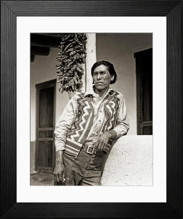 Framed Print : 1930s PORTRAIT NATIVE AMERICAN INDIAN MAN WEARING WOVEN VEST STANDING OUTSIDE ADOBE HOME SAN ILDEFONSO PUEBLO NEW Framed Print : 1930s PORTRAIT NATIVE AMERICAN INDIAN MAN WEARING WOVEN VEST STANDING OUTSIDE ADOBE HOME SAN ILDEFONSO PUEBLO NEW